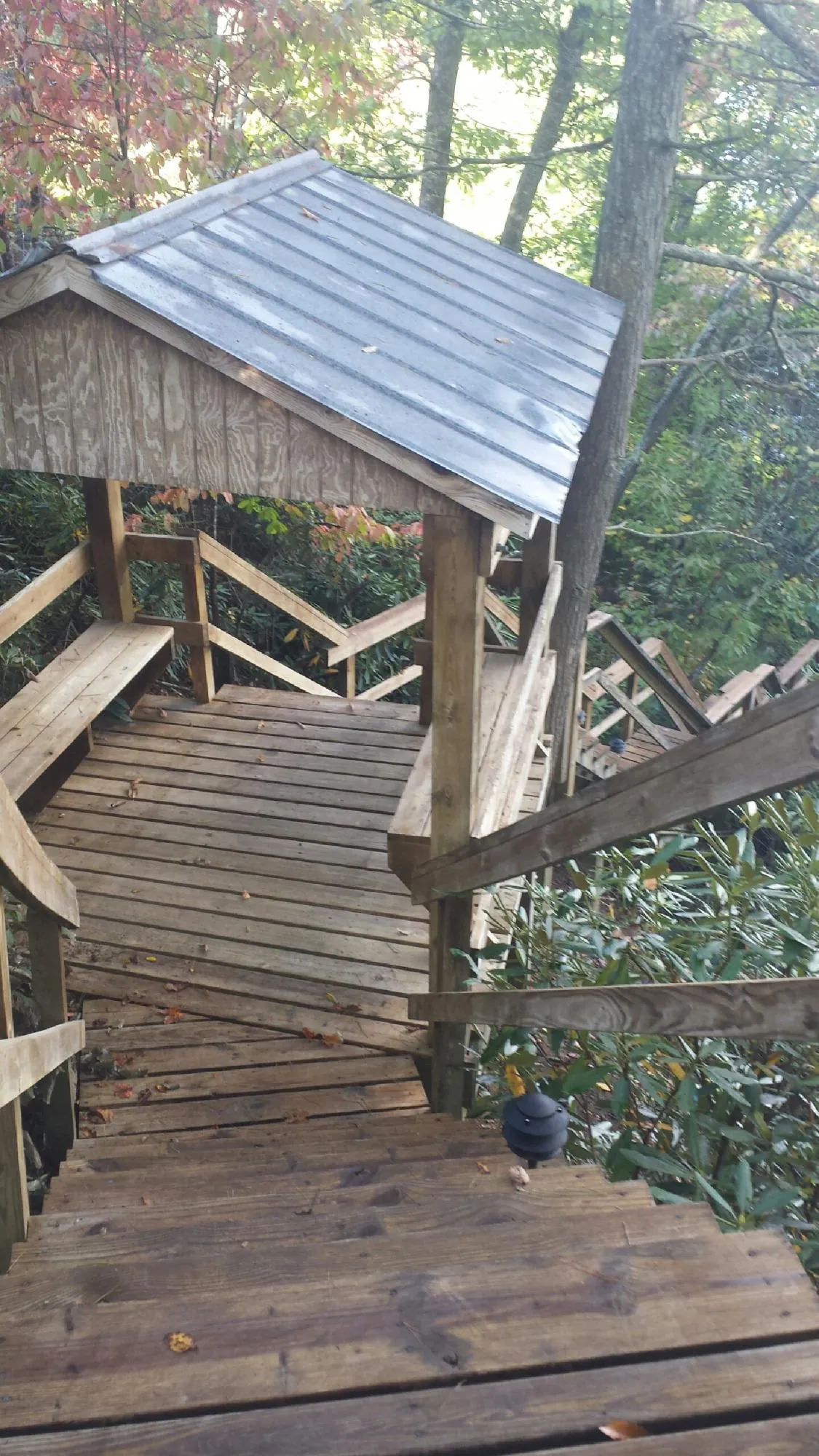 Metal roofed shelter over wooden steps on a wooded walkway — Skylight Repair & Installation work by our crew in Connelly